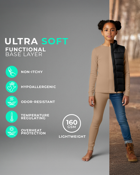 A girl wearing a beige long-sleeve base layer top and leggings, shown barefoot against a split studio and outdoor background, with feature icons for non-itchy, hypoallergenic, odor-resistant, temperature regulating, and lightweight 160 GSM fabric.