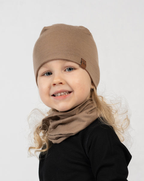 Kids merino wool beanie and neck gaiter set in beige, soft and lightweight winter accessories.