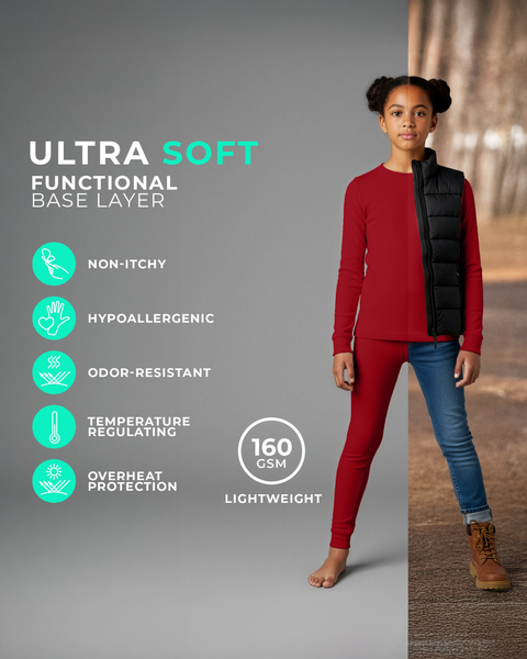A girl wearing a cherry-red long-sleeve base layer top and leggings, shown barefoot against a split studio and outdoor background featuring icons for non-itchy, hypoallergenic, odor-resistant, temperature regulating, and lightweight 160 GSM fabric.