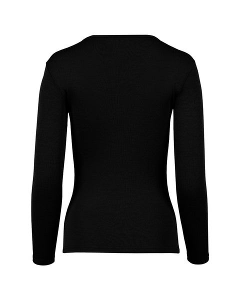 The menique women's long sleeve 250gsm merino top in black color, back view.