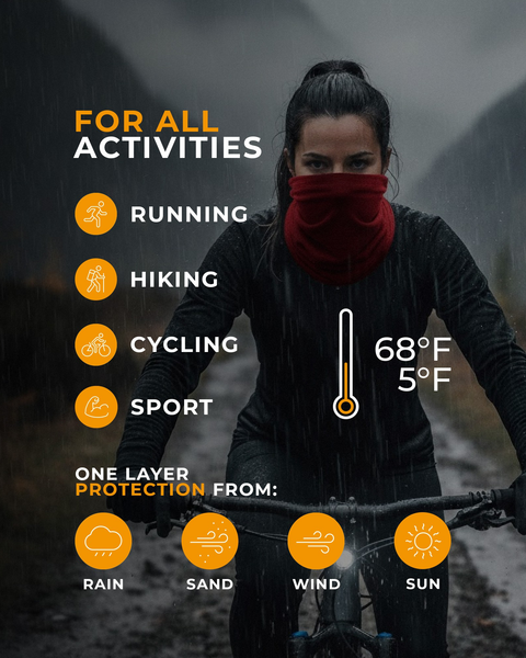 Merino wool face covering for cycling and outdoor sports, breathable single layer protection against wind, rain and cold temperatures