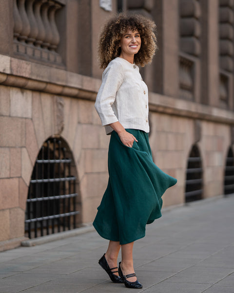 Linen Midi Flowy Skirt Evelyn in dark green color.