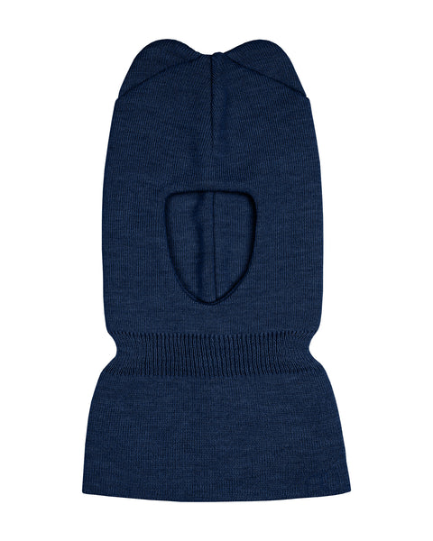 The menique kids' knit merino balaclava with ears in blue color, in a white background.