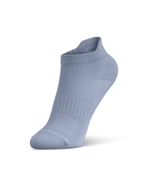 A product shot of a single light blue ankle sock, filled out to display its shape as if worn on a foot, standing upright at an angle against a white background.
