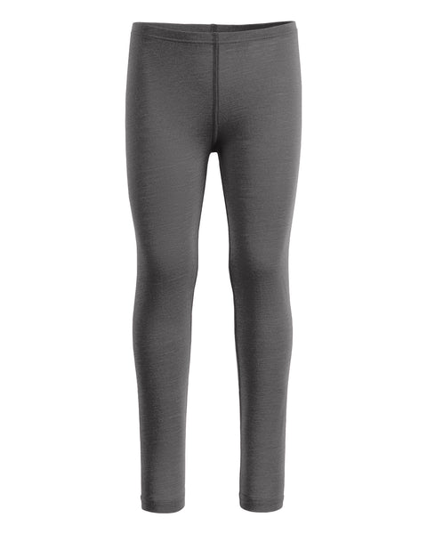 Front view of kids’ gray Merino wool leggings, slim fit design.