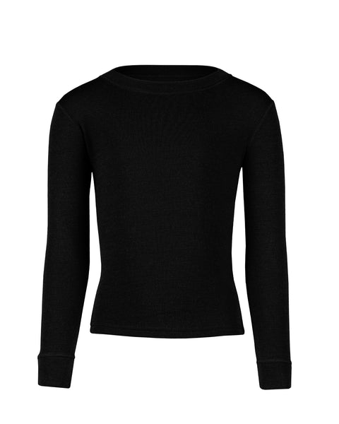 Front view of the kids' menique merino 250gsm long sleeve top, in black color, white background.