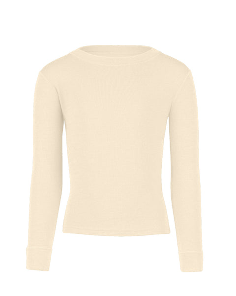 Front view of the kids' menique merino 250gsm long sleeve top, in natural color, white background.
