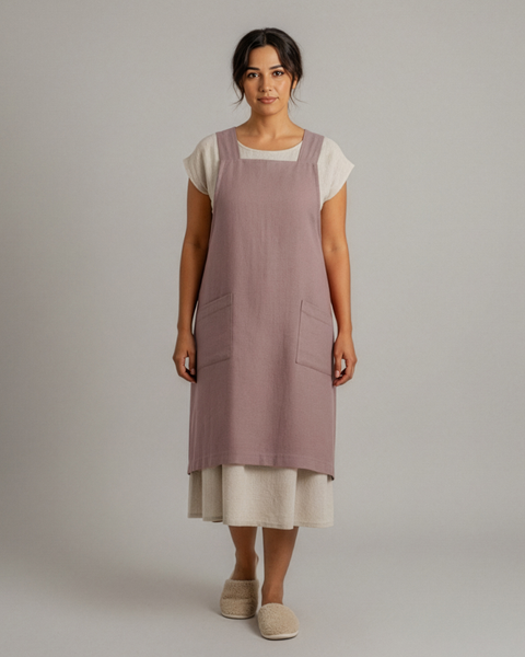 A woman wearing a faded rose-colored linen Japanese-style apron with front pockets, standing against a simple neutral backdrop over a cream dress and slippers.