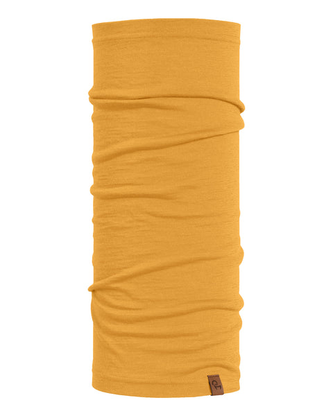 Yellow merino wool long neck gaiter tube scarf, breathable multifunctional wool accessory for outdoor activities and daily wear.