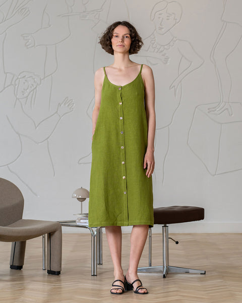 Linen Strap Button Down Dress Hope Forest Green Color