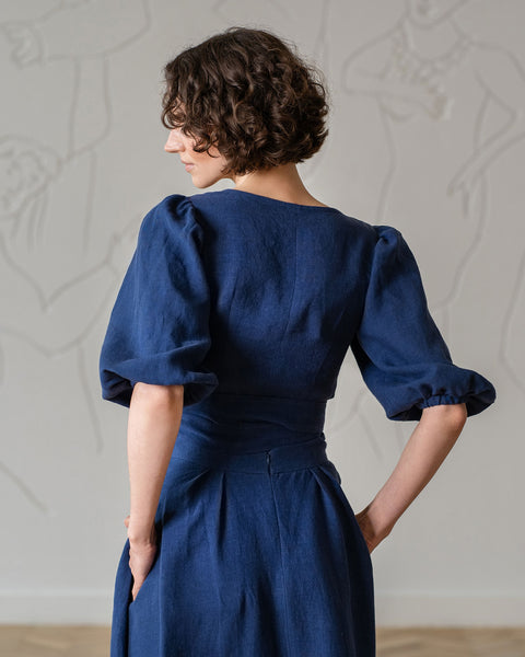 Linen Puff Sleeve Wrap Crop Top Jenny Storm Blue Color