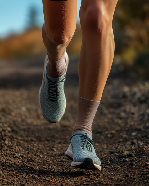 a woman running, wearing the menique women's cotton socks in beige color.
