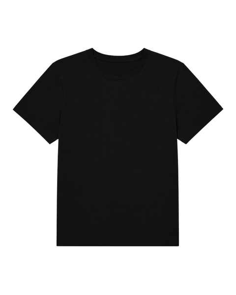 A flat-lay product shot of a women's regular fit, short-sleeved crew-neck t-shirt in solid black, displayed against a pure white background.