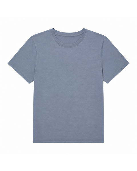 A flat-lay product shot of a women's regular fit, short-sleeved crew-neck t-shirt in a dusty blue color, displayed against a pure white background. The fabric has a subtle heathered texture.