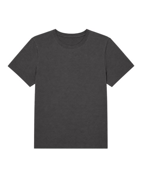 A flat-lay product shot of a women's regular fit, short-sleeved crew-neck t-shirt in a charcoal grey color, displayed against a pure white background. The fabric has a subtle heathered texture.