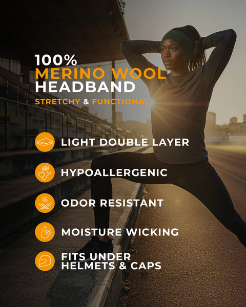Person stretching outdoors with text about a merino wool headband's features.