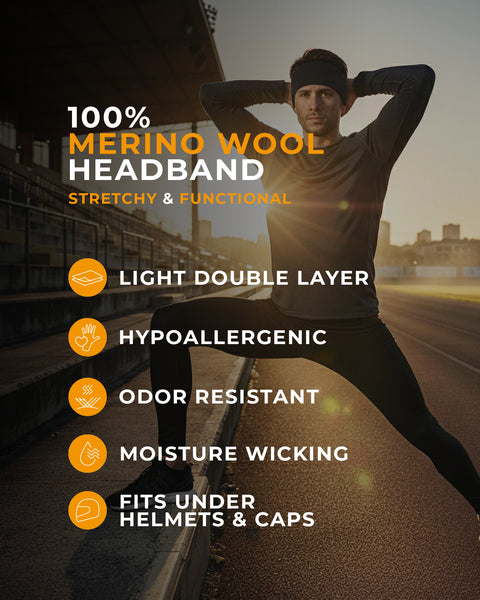 Person stretching outdoors with text about a merino wool headband's features.