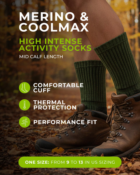 Green socks with brown hiking boots on a forest floor background, featuring text about sock features.
