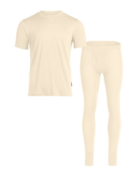 Packshot of merino wool mens short sleeve top and bottoms set