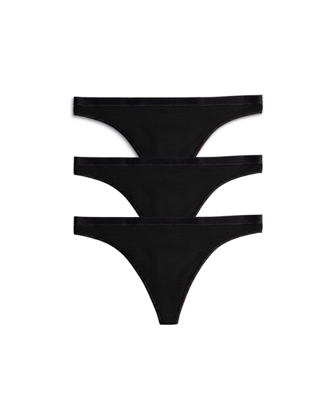 A vertically stacked 3-pack of women's merino wool thongs in solid Black, featuring black elastic waistbands and black trim.