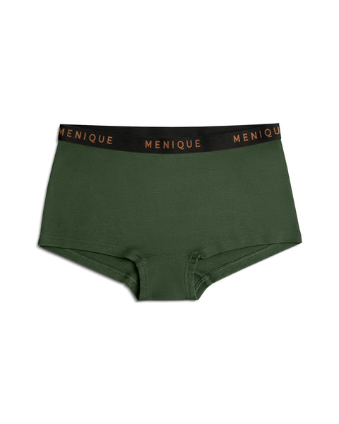 A product shot of dark green women's boxer briefs laid flat against a plain white background. The underwear features a black elastic waistband with the brand name "MENIQUE" woven repeatedly in bronze lettering.