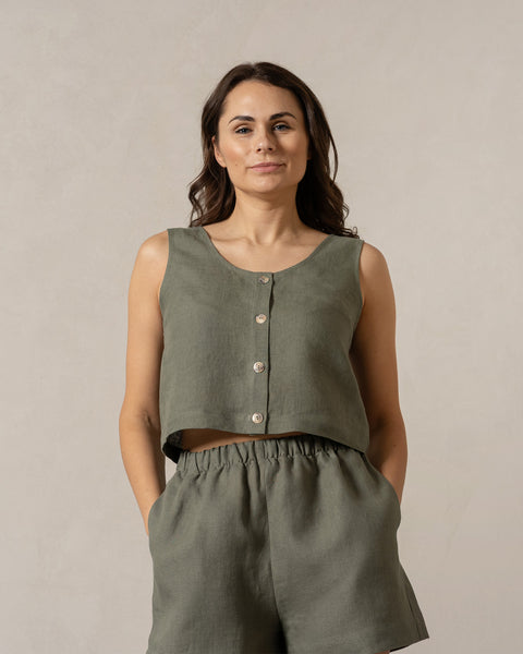 Button Front Crop Top Monica Stone Green