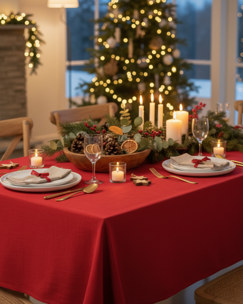 Beautifully decorated Christmas dining table with a red linen tablecloth, candles, pinecones, and festive ornaments under soft holiday lights.