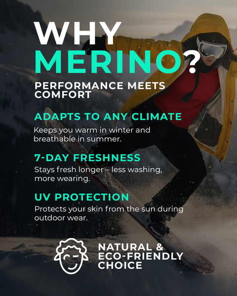 Skier in a red merino wool base layer featured in ‘Why Merino?’ performance graphic, showcasing warmth, breathability, and sustainable outdoor wear benefits.