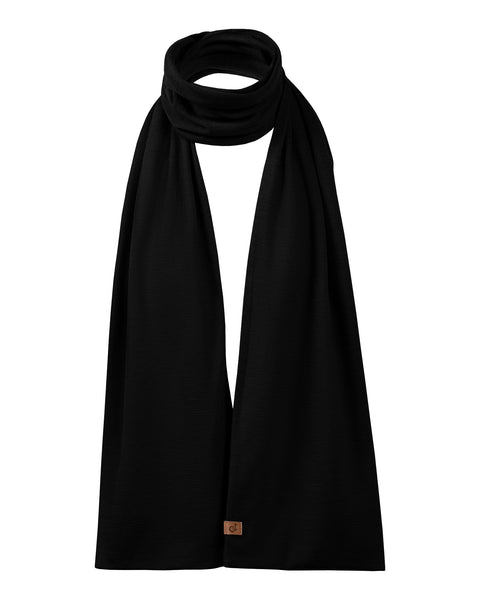 Unisex Merino wool scarf in black, displayed with a simple wrap style.