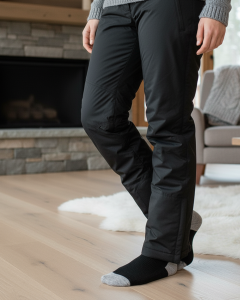 Close-up of a woman indoors wearing black ski pants and grey socks, standing on a wooden floor in front of a fireplace.
