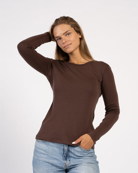 Brown Merino wool thermal base layer set, soft fabric and slim fit design.