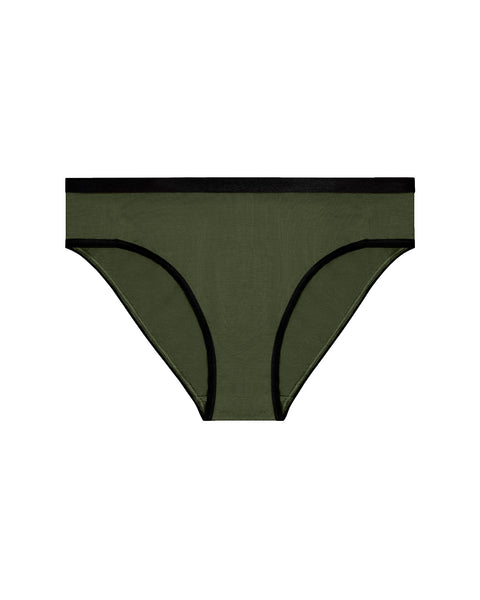 A flat-lay product shot of women's bikini-style underwear in a solid dark green color. It features a contrasting black elastic waistband and black trim around the leg openings. The background is pure white.