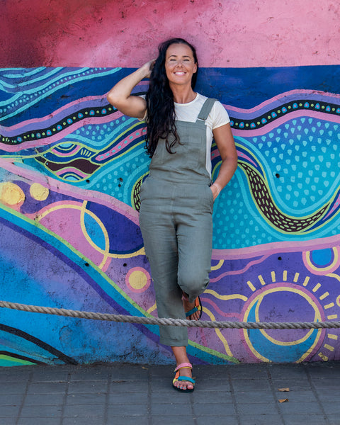 Linen Pinafore Jumpsuit Nicci Stone Green