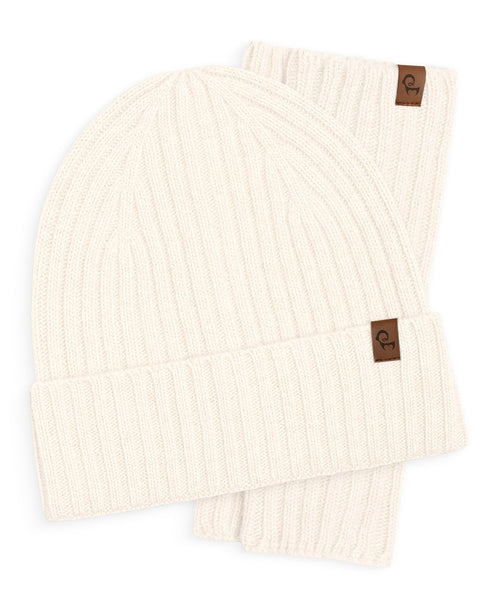 Stylish white wool cashmere wrist warmers and beanie for women – ribbed knit design