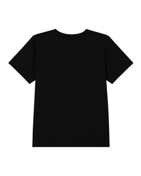 A flat-lay product shot of a women's regular fit, short-sleeved v-neck t-shirt in solid black, displayed against a pure white background.