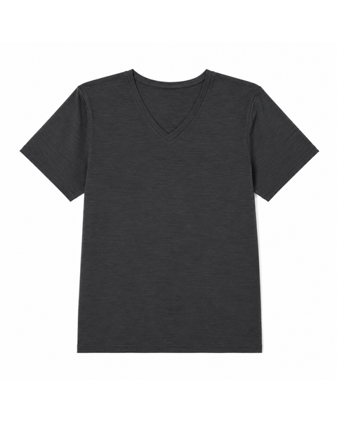A flat-lay product shot of a women's regular fit, short-sleeved v-neck t-shirt in a charcoal grey color, displayed against a pure white background. The fabric has a subtle heathered texture.