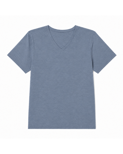 A flat-lay product shot of a women's regular fit, short-sleeved v-neck t-shirt in a dusty blue color, displayed against a pure white background. The fabric has a subtle heathered texture.