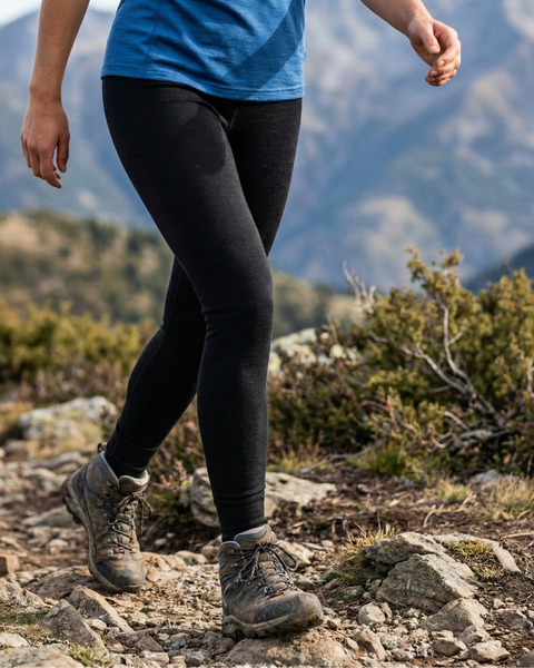 A hiker is seen from the waist down, walking along a rocky, uneven mountain trail. They are wearing a blue top, black leggings, and grey hiking boots, set against a backdrop of distant mountain peaks and scrub brush.