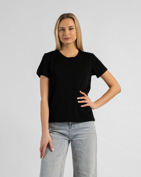 A studio portrait of a blonde woman standing and looking directly at the camera with her left hand resting on her hip. She is wearing a regular fit, solid black short-sleeved crew-neck t-shirt and light-wash blue jeans. The background is a solid light grey.