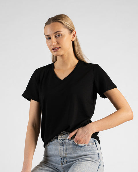 A studio portrait of a blonde woman looking directly at the camera. She is wearing a black short-sleeved V-neck t-shirt and light wash denim jeans, with one hand resting in her front pocket against a plain light grey background.
