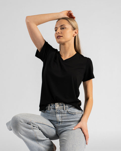 A studio portrait of a blonde woman in a crouching pose, looking off to her right. She is wearing a black short-sleeved V-neck t-shirt and light wash denim jeans, with one hand resting gently on her head and the other on her thigh against a plain light grey background.