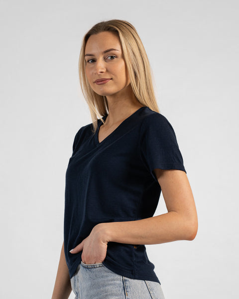 A studio portrait of a blonde woman standing in a three-quarter profile facing right, looking directly at the camera. She is wearing a dark navy blue short-sleeved V-neck t-shirt and light wash denim jeans, with one hand casually tucked into her front pocket against a plain light grey background.