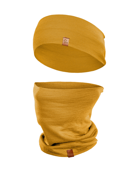 Yellow Merino wool headband and gaiter set for outdoor comfort