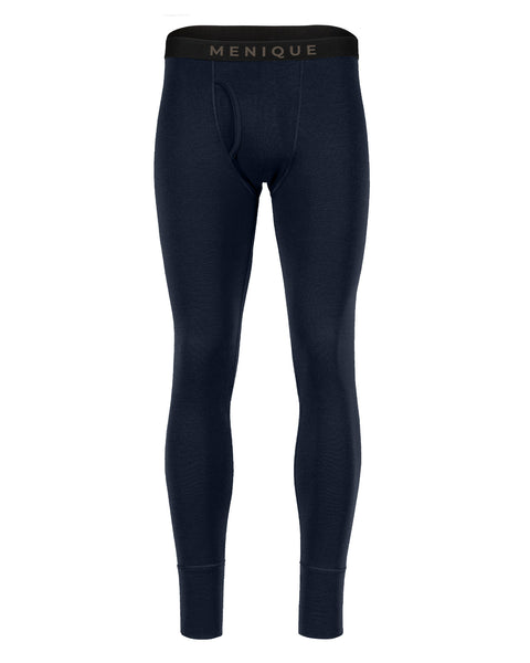 A front-view product display of fitted dark navy blue thermal leggings or base layer long johns with an elastic waistband, shown isolated against a white background.