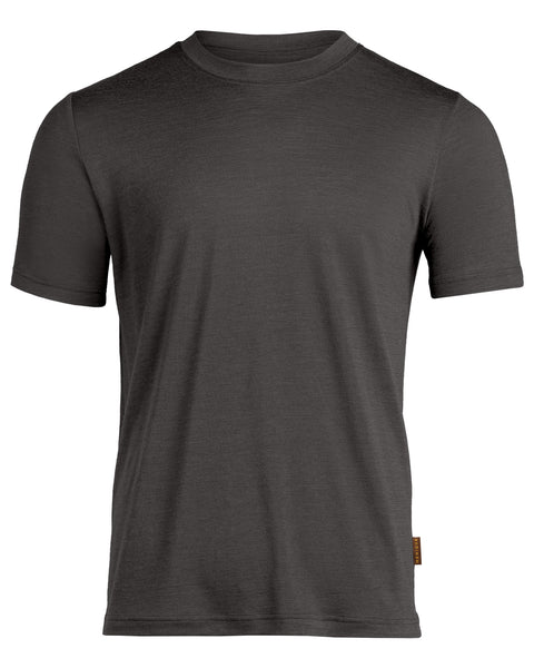 A front-view product shot of a men's short-sleeved t-shirt in a heathered charcoal grey color, displayed flat against a pure white background. The shirt features a classic crew neckline, neatly hemmed sleeves, and a small, rectangular brown logo tag sewn onto the lower left side seam.