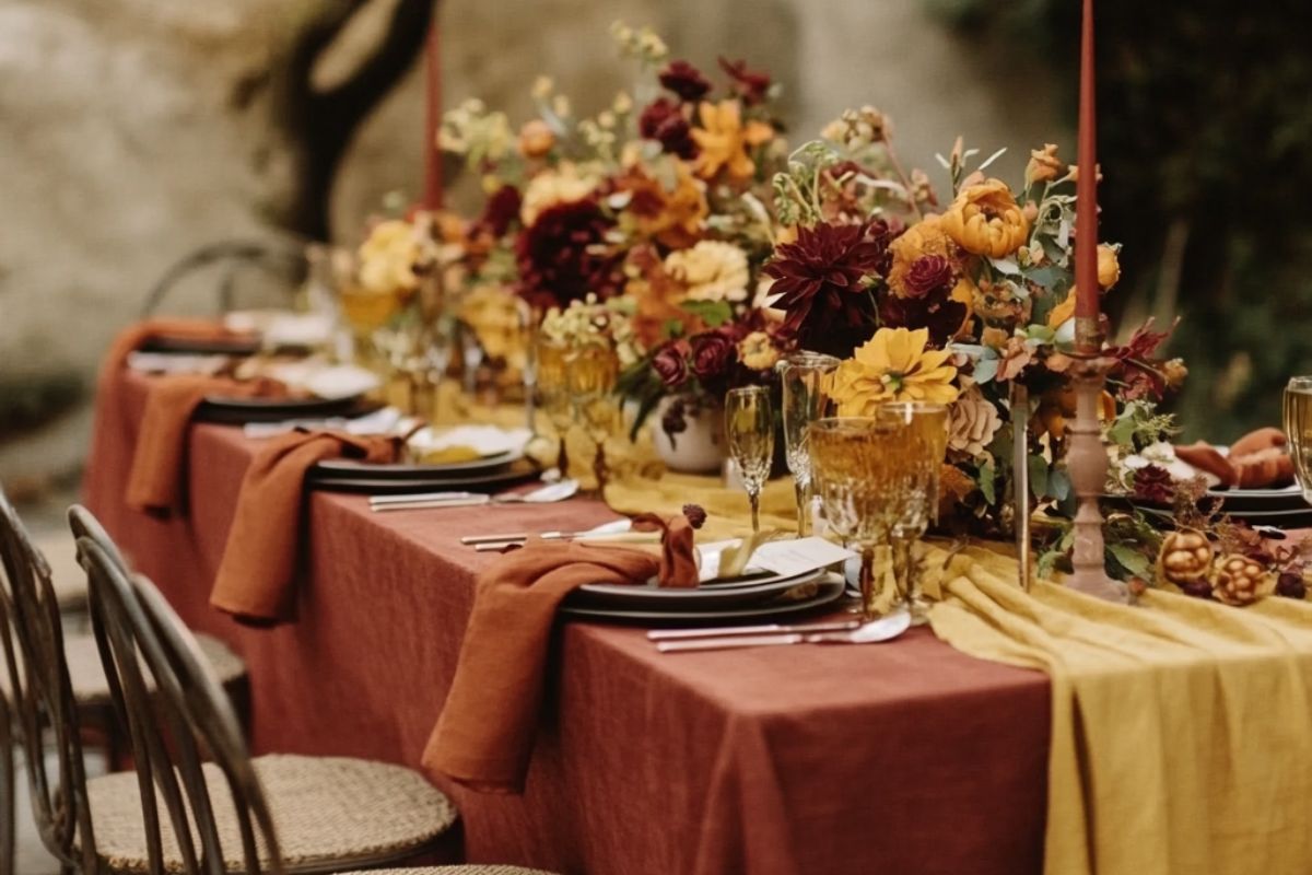 A wedding table setting, with plates, cutlery, napkins and glasses prepared for the celebration. A white linen table runner in the middle of the table. 