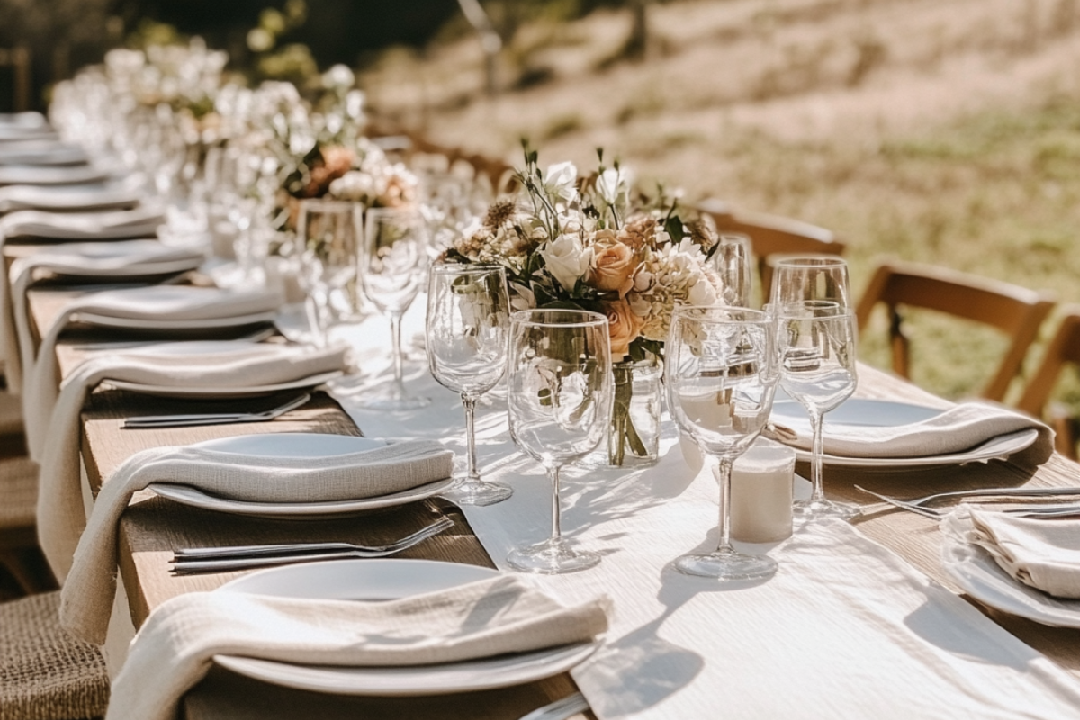 A wedding table setting, with plates, cutlery, napkins and glasses prepared for the celebration. A white linen table runner in the middle of the table. 