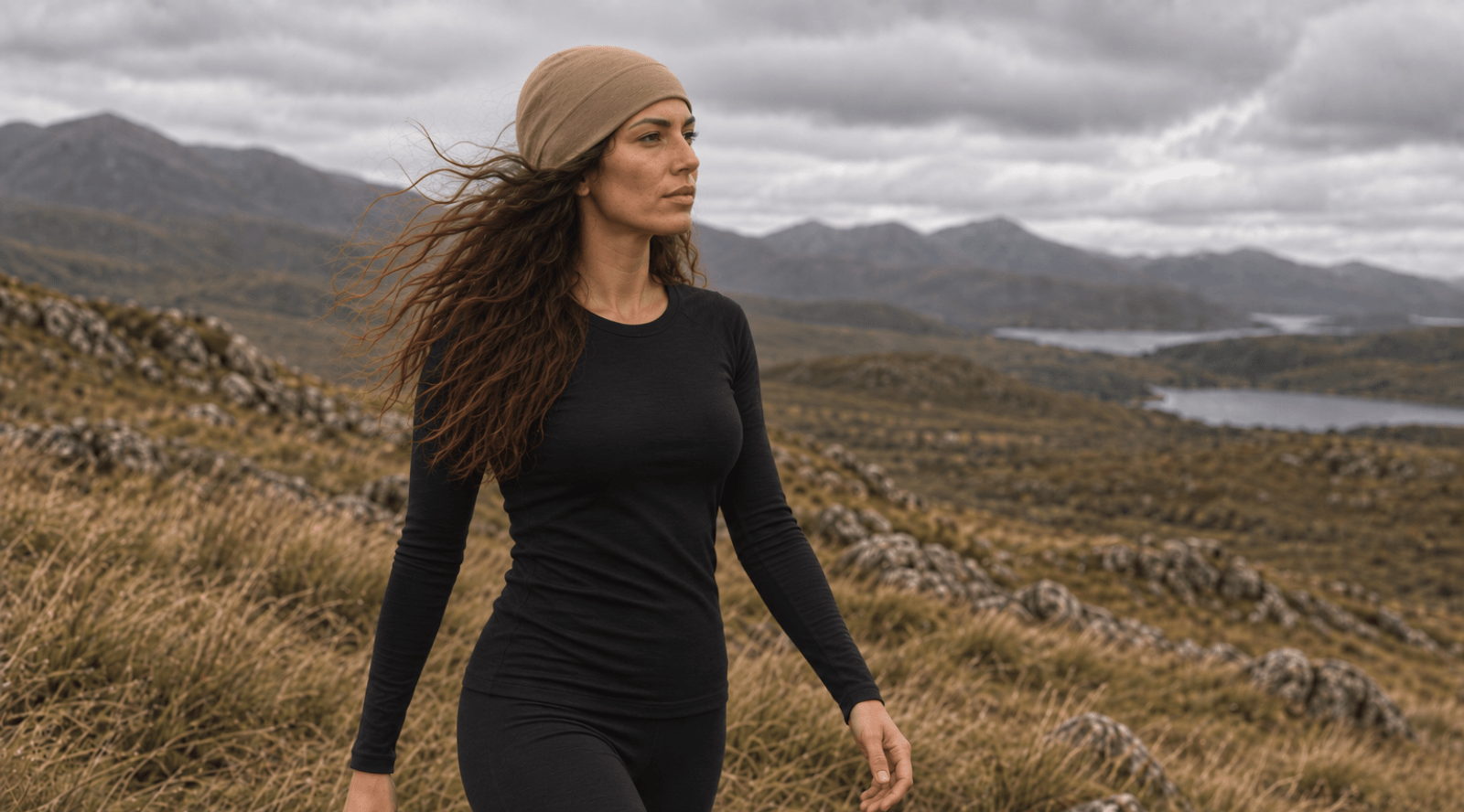 Woman weearing yellow beanie hat from merino wool