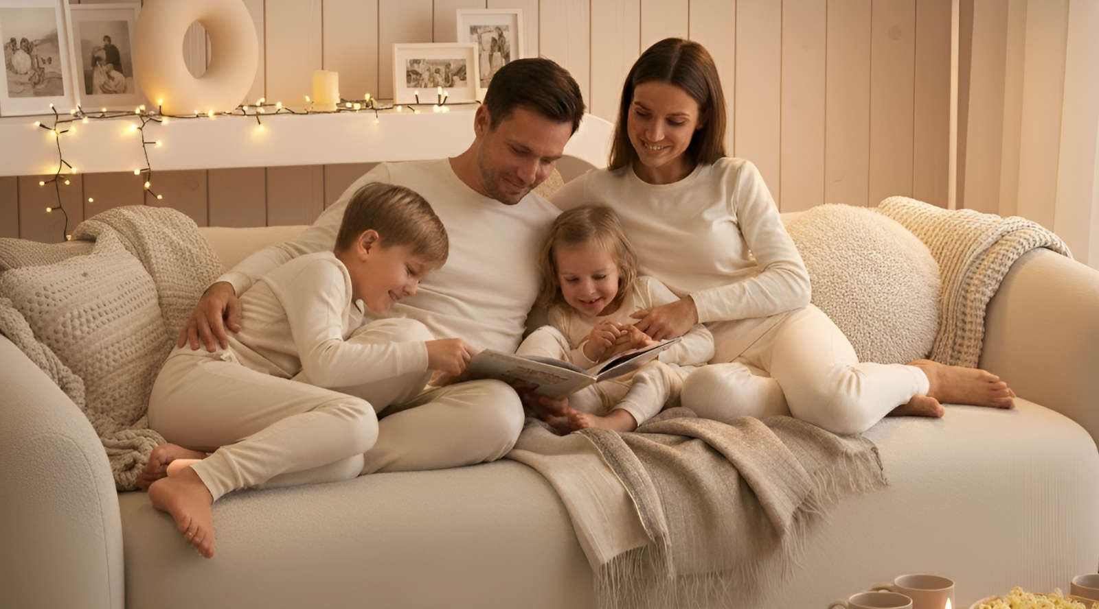 In the photo you can see the whole family – mom, dad, and a toddler – sitting on a bed, reading a book. They are all wearing natural color matching two-piece pajamas made from organic 100% Merino wool.