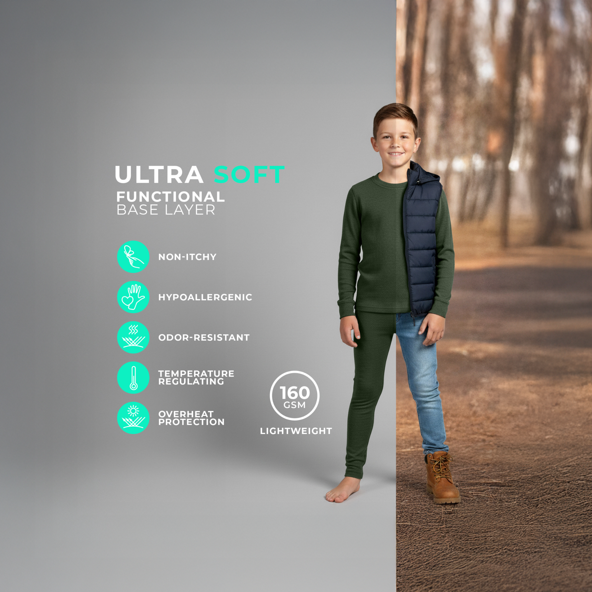 A boy wearing a dark green long-sleeve base layer top and matching leggings, standing barefoot against a split background showing both a studio setting and an outdoor fall scene. Icons on the left highlight features such as non-itchy, hypoallergenic, odor-resistant, temperature regulating, and lightweight 160 GSM fabric.